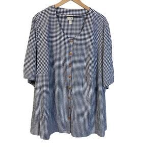 Ulla Popken Von Landen Checkered Blue and White Tunic Blouse Plus Size 32 / 34